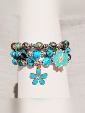 Handmade Bracelet One Of A Kind. Blue Flower Glass Bracelet. Size 7'' Lot Of 3